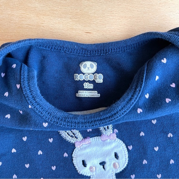 🍏4/$10🍏 Rococo Cute Navy Blue Baby Onesie with Bunny Design & Heart Dotted - Picture 5 of 8
